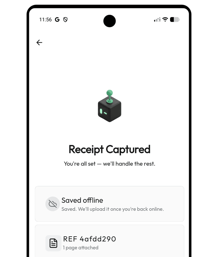 Rizzit app showing a receipt captured offline, ready to sync