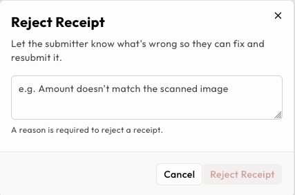 Reject Receipt dialog requiring a reason before rejecting a flagged receipt